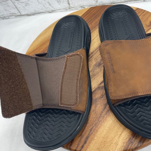 Skechers ArchFit Motley Mens 12 Brown Black Leather Revelo Slide Sandals - Picture 13 of 15